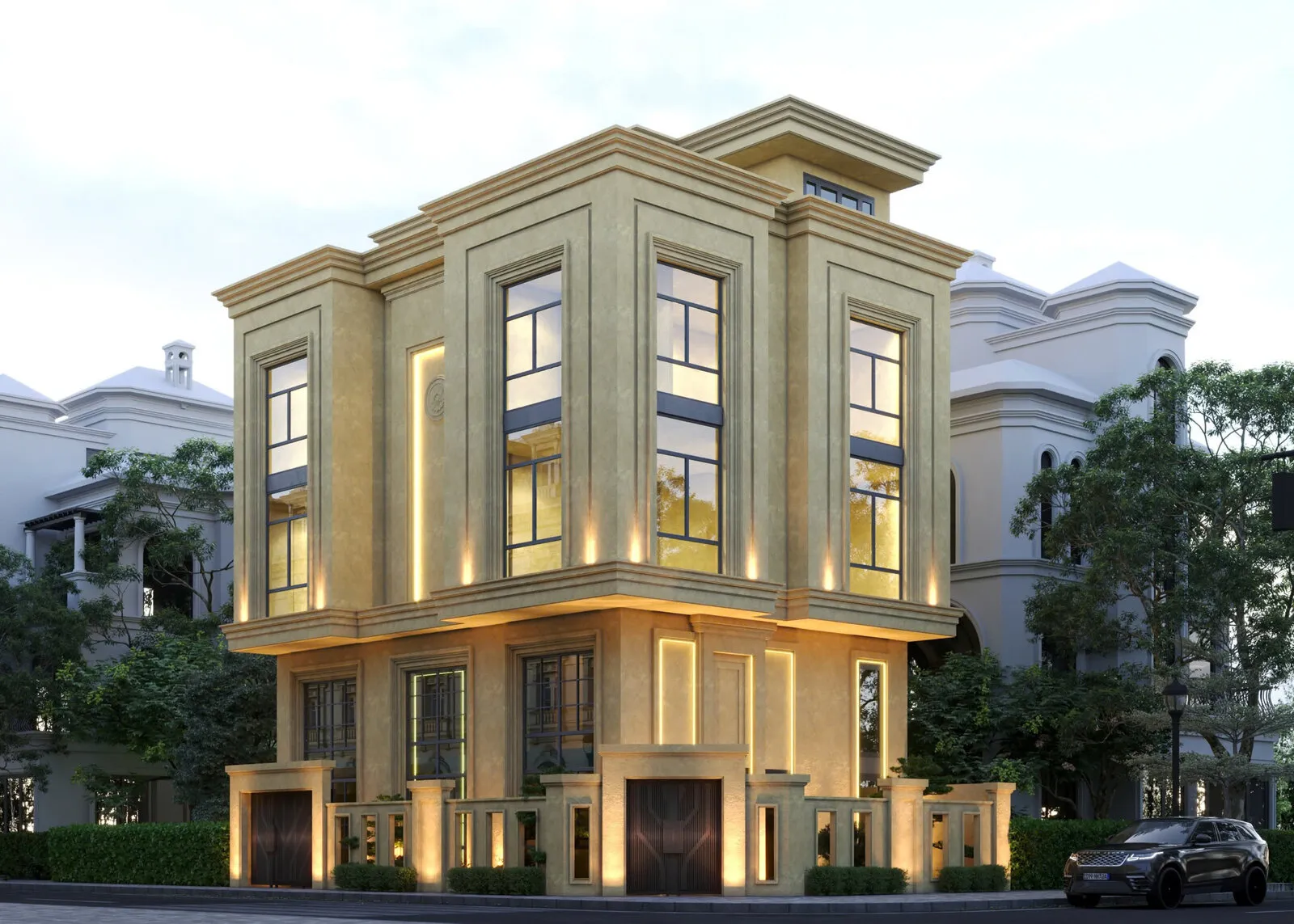Mặt tiền tân cổ điển biệt thự Dương Tuấn tại Bắc Ninh với chiếu sáng lớp lúc chập tối