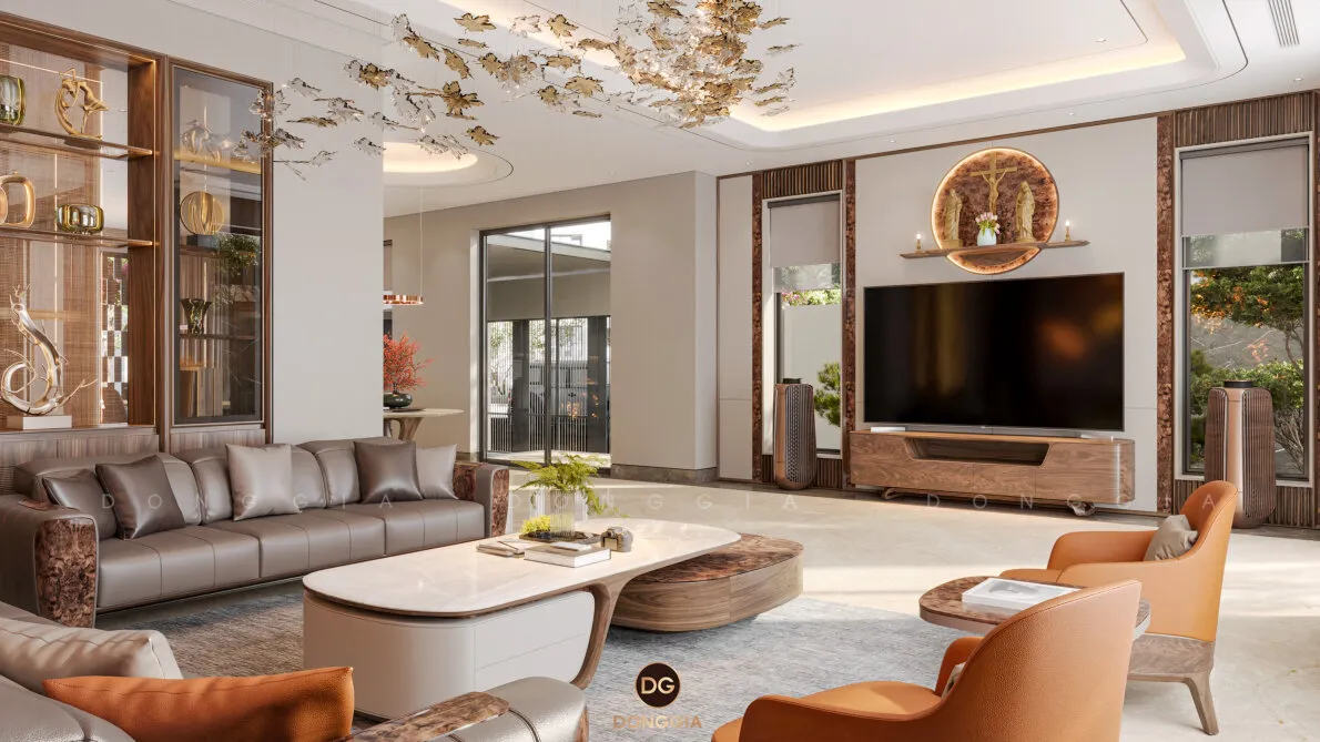 Phòng khách biệt thự Hà Nam với đèn trần nghệ thuật và sofa da cam đất