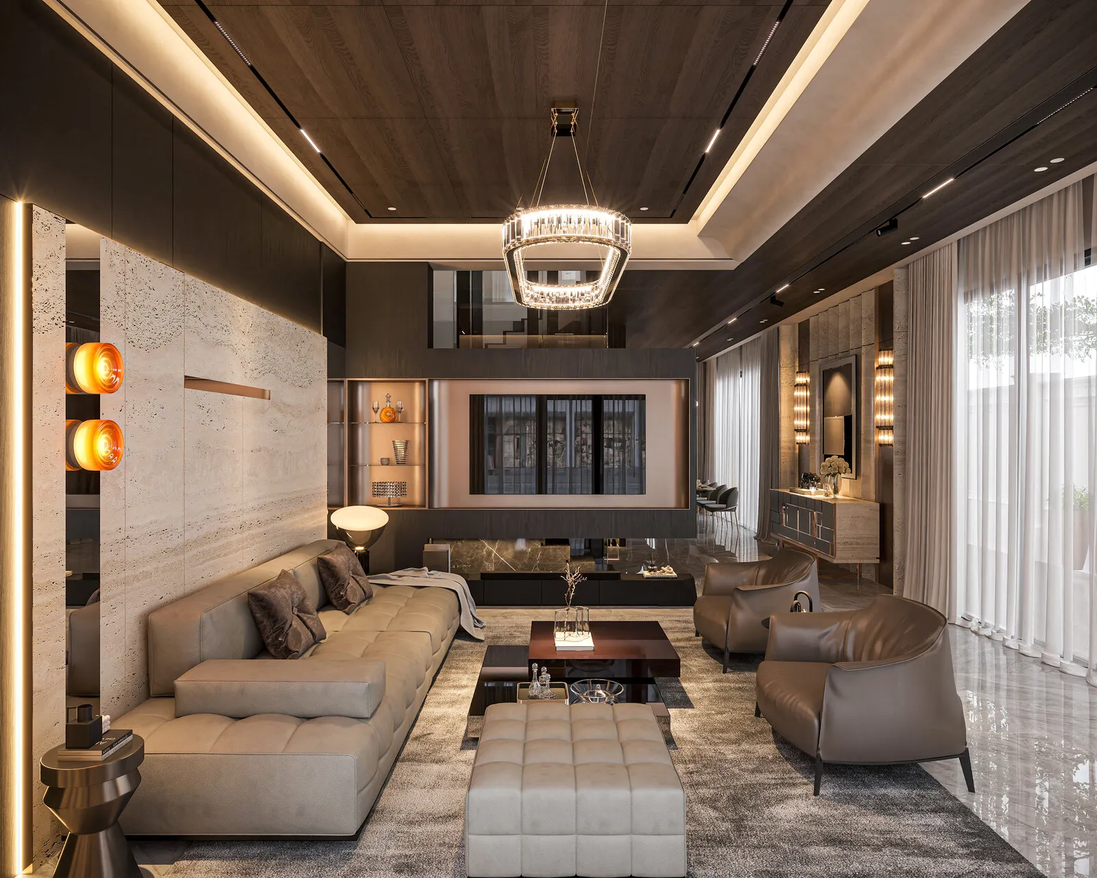 Phòng khách dark-luxe biệt thự Hải Phòng với đèn chùm pha lê và trần gỗ tối