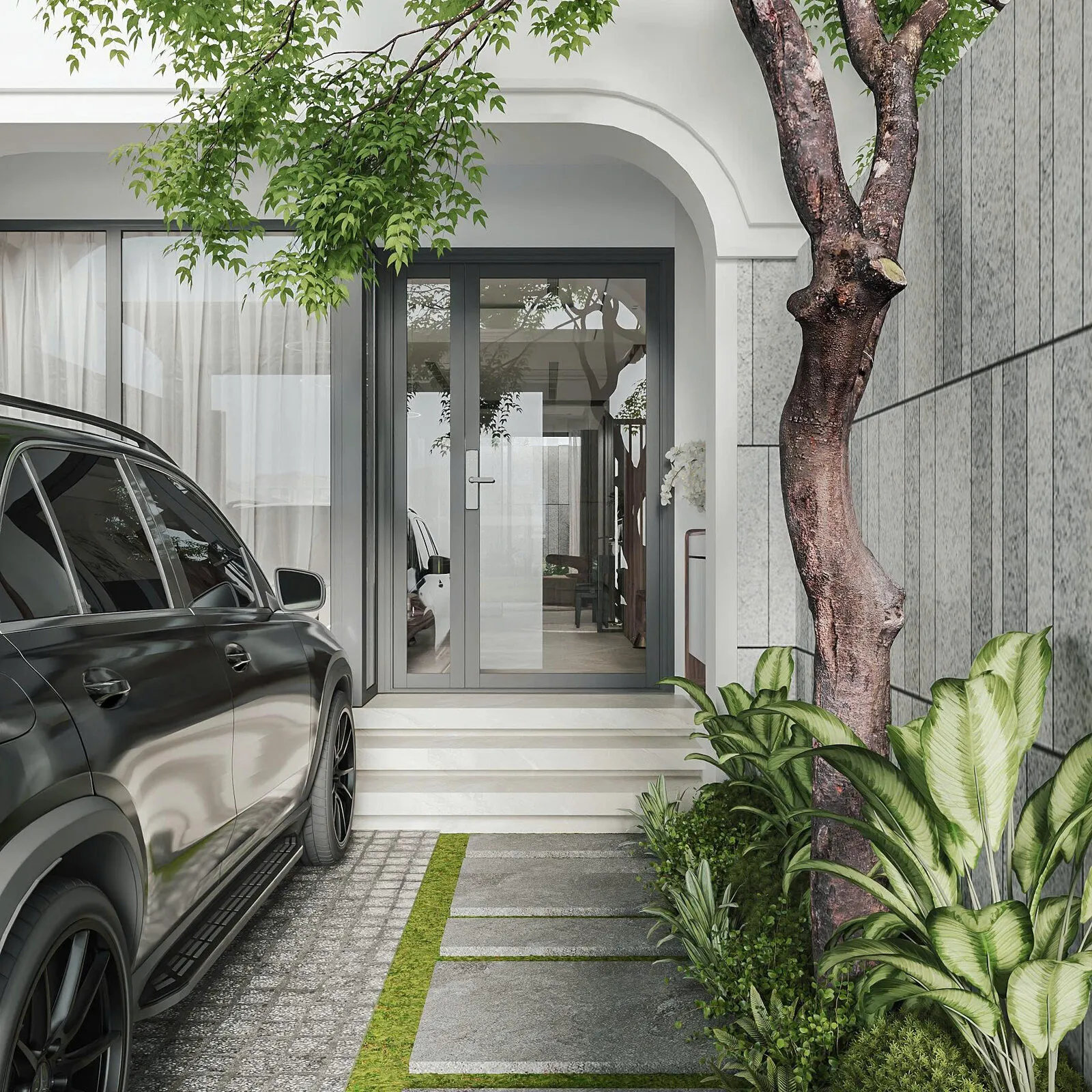 Lối vào biệt thự Hoài Đức với sân đỗ xe và cây xanh
