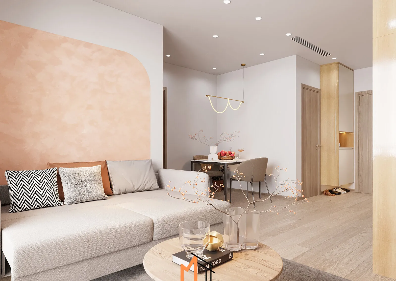 Phòng khách căn hộ Sky Forest với sofa kem và nội thất gỗ sáng
