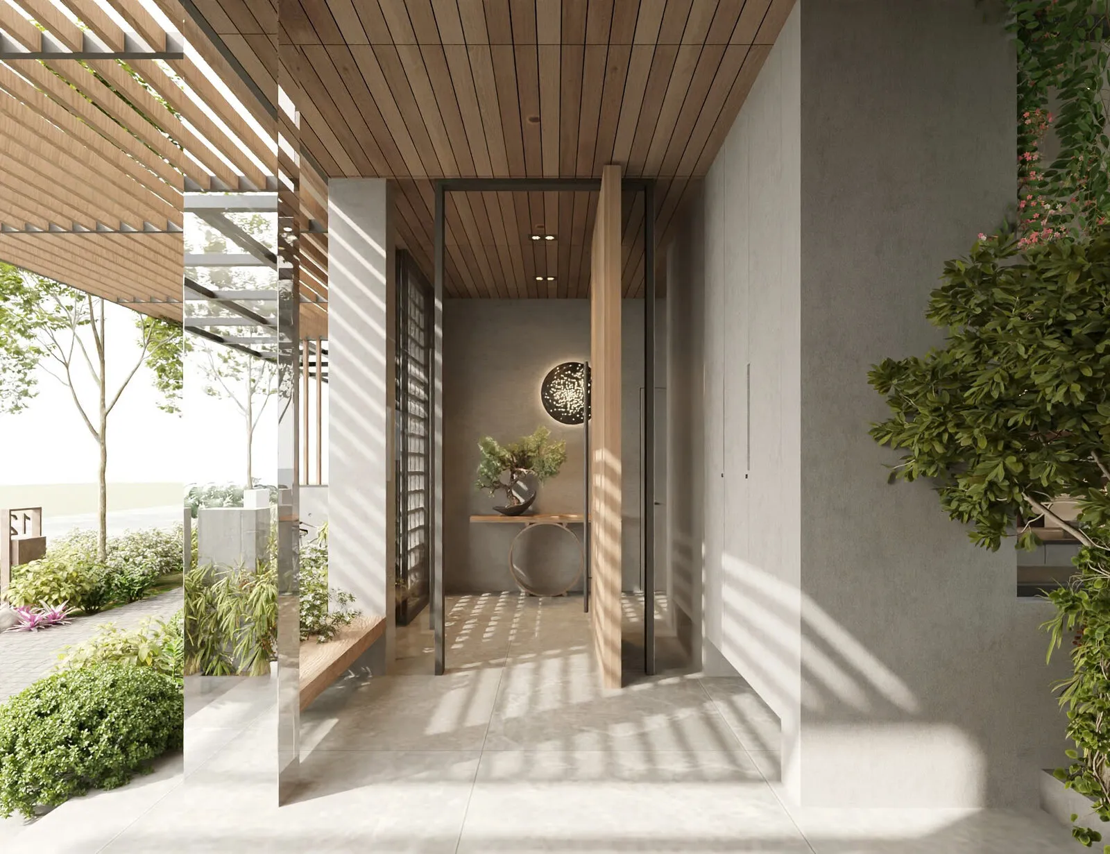 Lối vào Island Villa với giàn pergola gỗ và mảng xanh hai bên