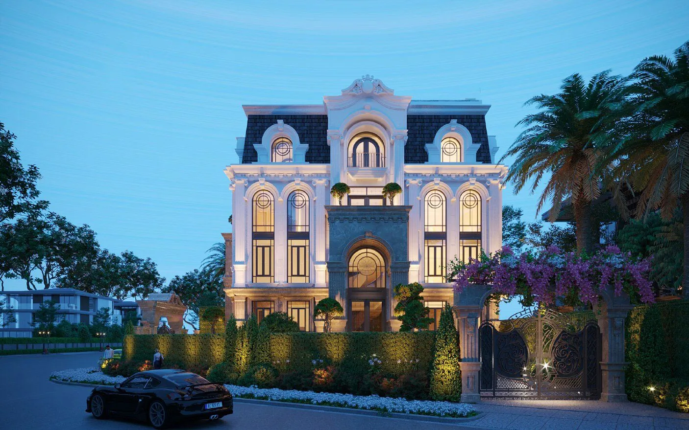 Mặt tiền tân cổ điển của Kalhu Villa lên đèn lúc chập tối