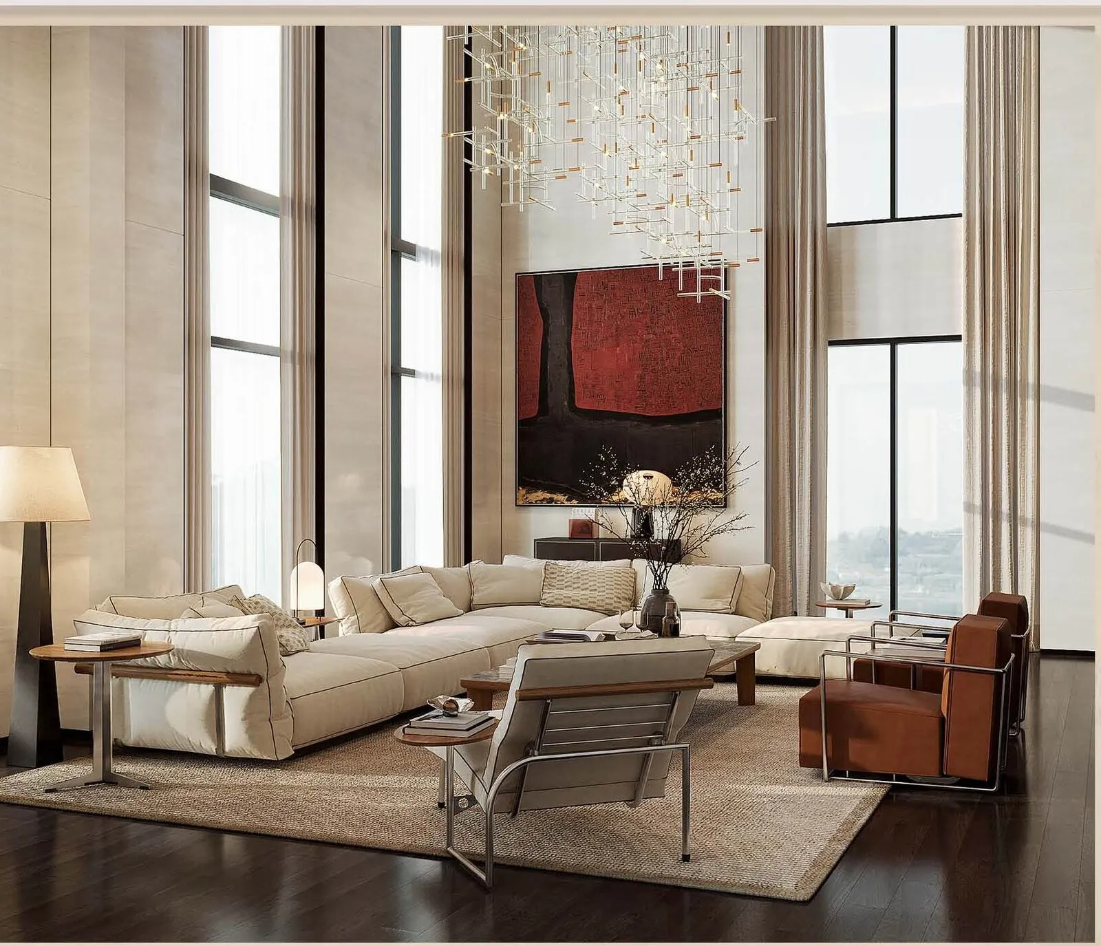 Phòng khách thông tầng của penthouse B4-02 với đèn thả pha lê và tranh sơn mài đỏ