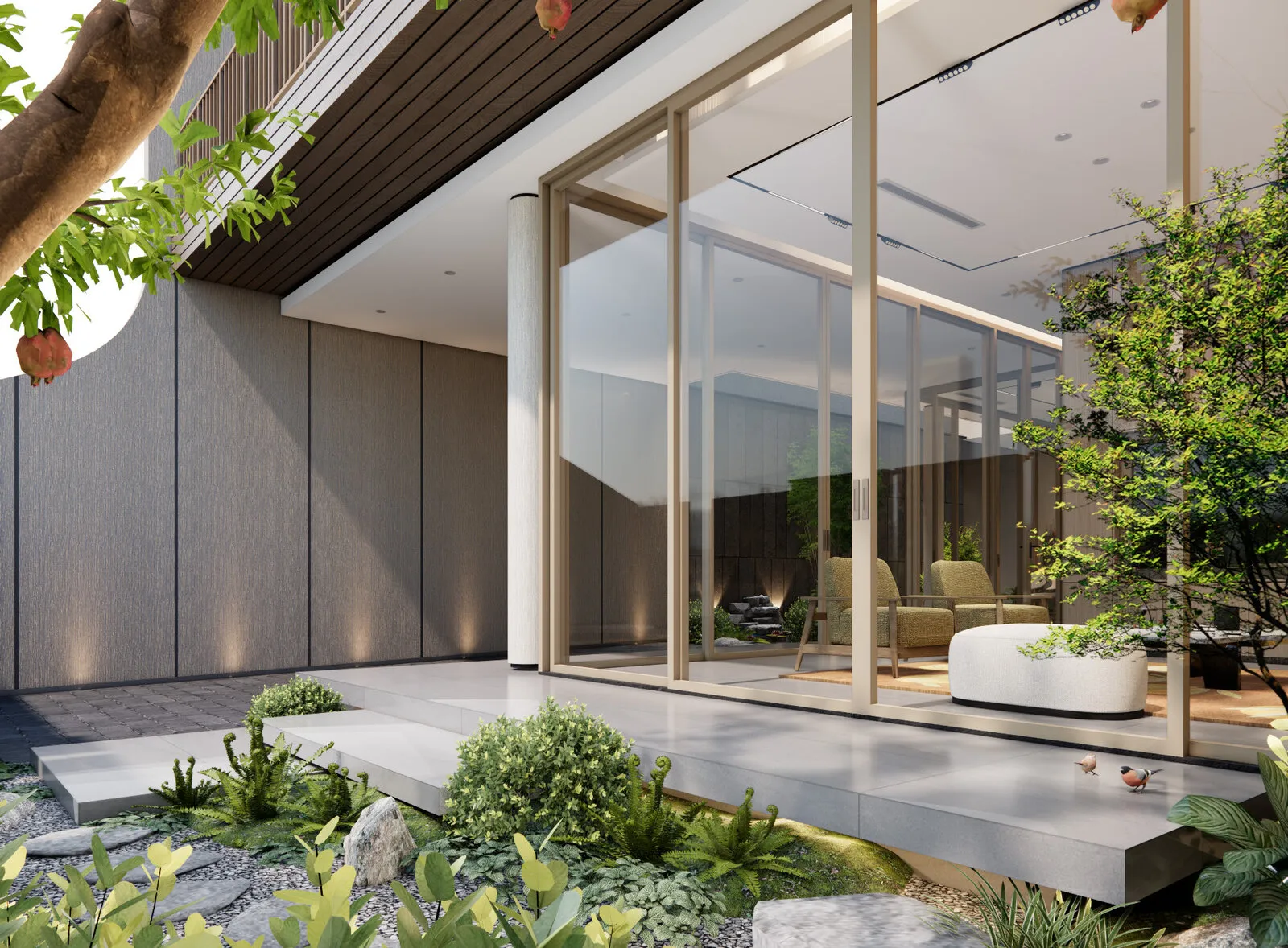 Sân trong với vườn đá và vách kính của Sang Villa Đà Nẵng