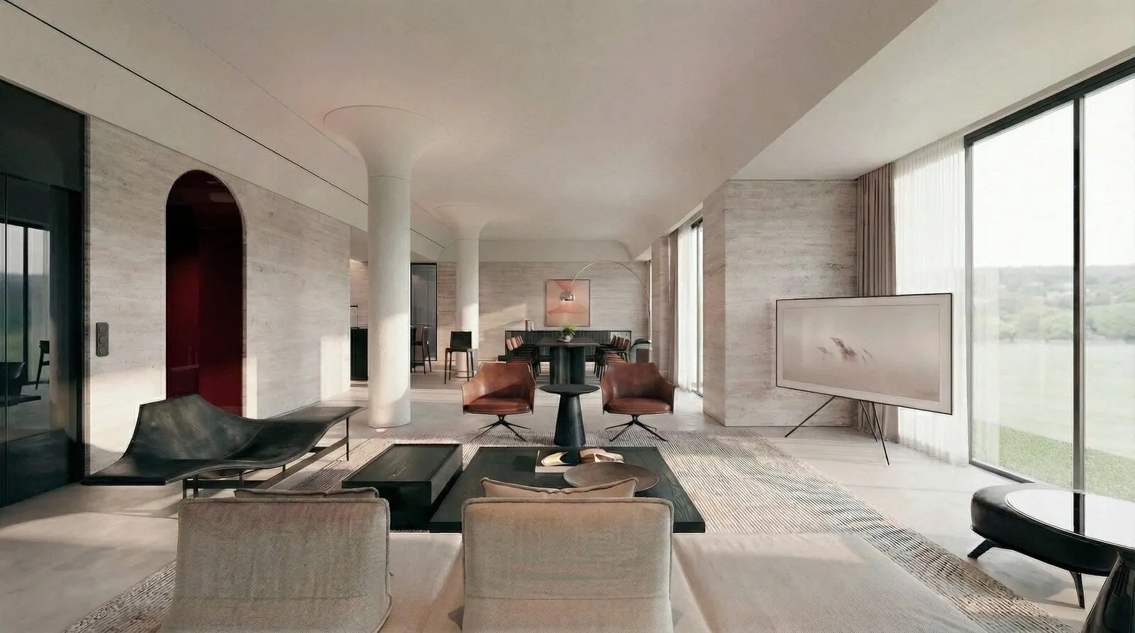 Phòng khách villa Đại Lải với đá travertine, vòm trần và cửa kính nhìn ra hồ
