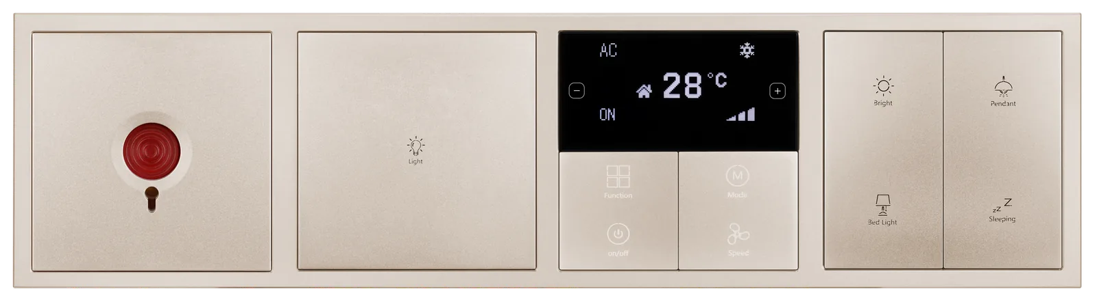 Tổ hợp 4 ô ngang: điều nhiệt, 1 nút, 4 nút, nút khẩn cấp