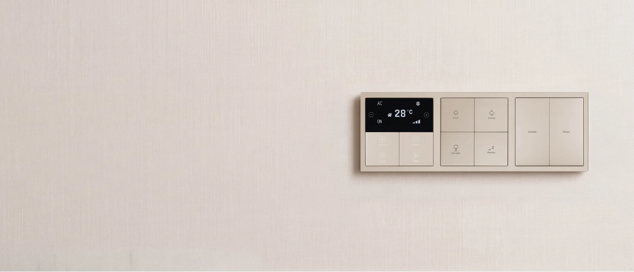 Tổ hợp Tile 3 ô - điều nhiệt, 4 nút và rèm - trên bức tường vữa sáng
